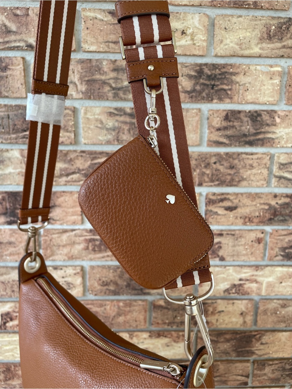 Kate Spade Brown Leather Crossbody Bag with Stripe Strap - Picture 6 of 7